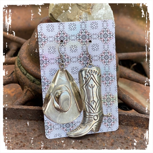 Signed-Sterling Silver Cowboy Hat & Boot Dangle Earrings Native American Western - Picture 3 of 10